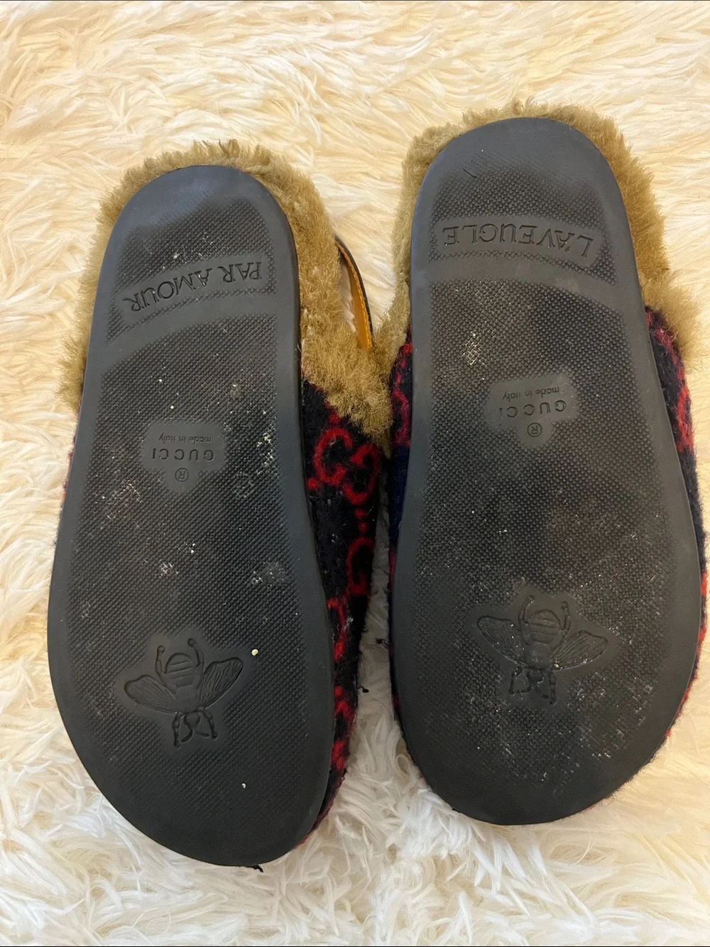 Gucci Kids Black & Red GG Wool Fur-Trim Horsebit Clogs